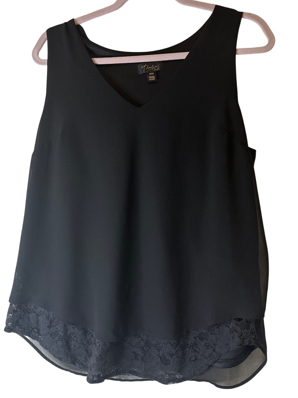 Thalia Sodi Black V-Neck Lace-Hem Tank Top, size M